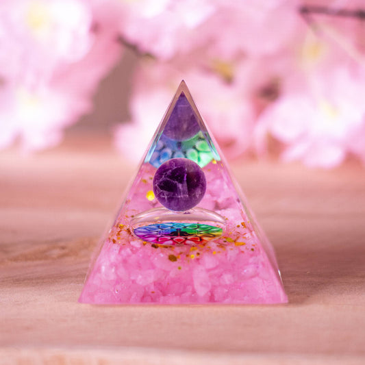 Pyramide Orgonite Améthyste / Quartz Rose